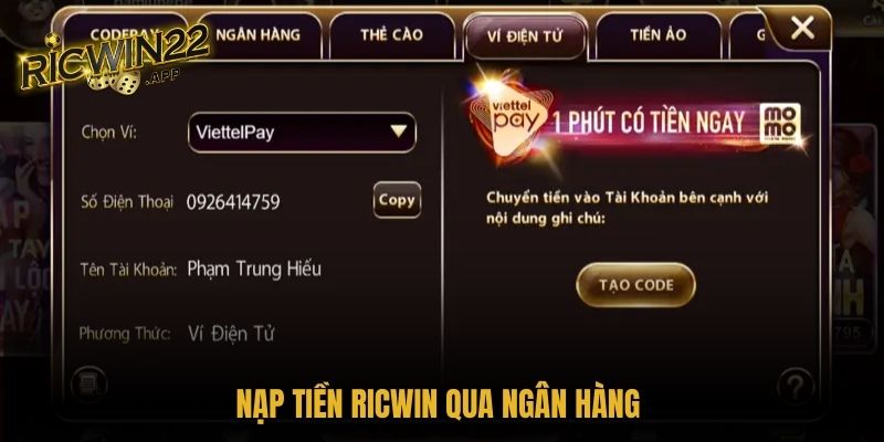 Nạp tiền Ricwin qua ngân hàng